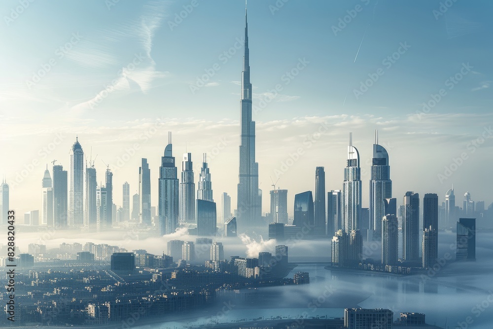 futuristic city with skyscrapers background illustration in early morning aerial view with fog and mist gray blue backdrop