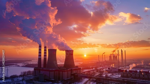 Wallpaper Mural Industrial power plant emitting smoke at sunrise, highlighting environmental impact and pollution against a vibrant sky backdrop. Torontodigital.ca
