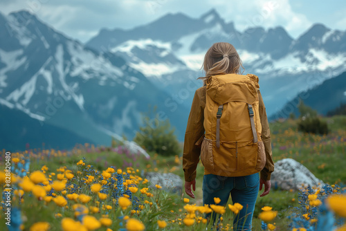 young woman hiker with backpack standing on the meadow