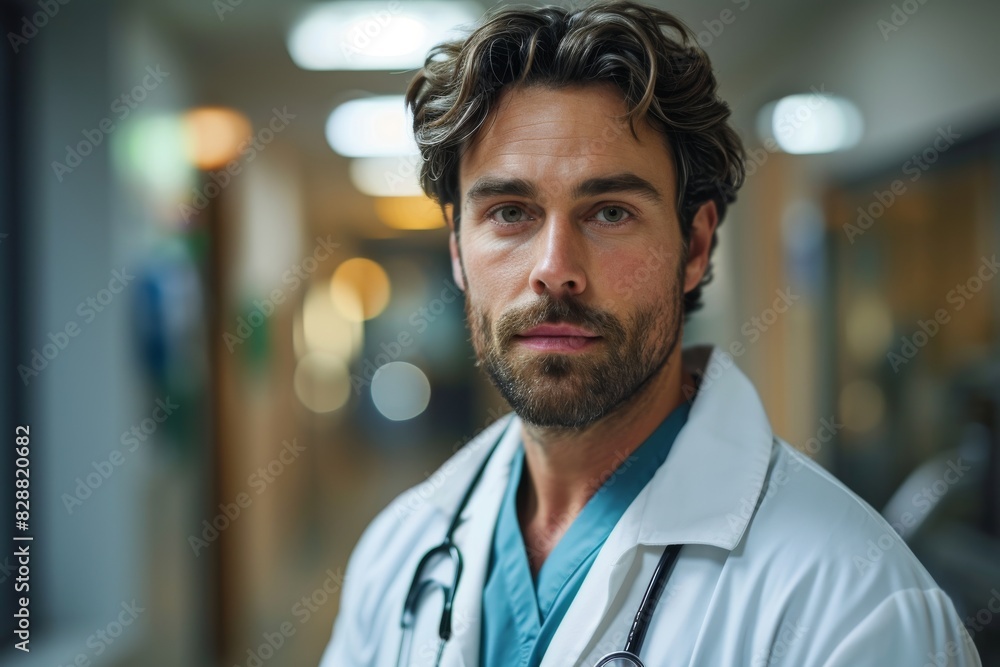 Obraz premium Doctor Man With Stethoscope In Hospital Background and blur background, AI-generated