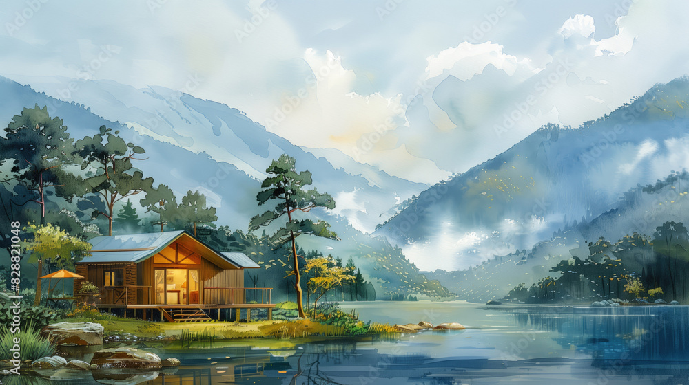 Naklejka premium Wooden house in the forest.