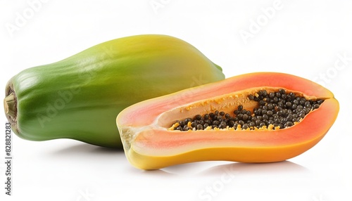 Wallpaper Mural papaya - Carica papaya - isolated on a white background. an edible fruit that are variously yellow, orange, red, or green with Longitudinal section of fruit showing orange flesh and black seeds Torontodigital.ca