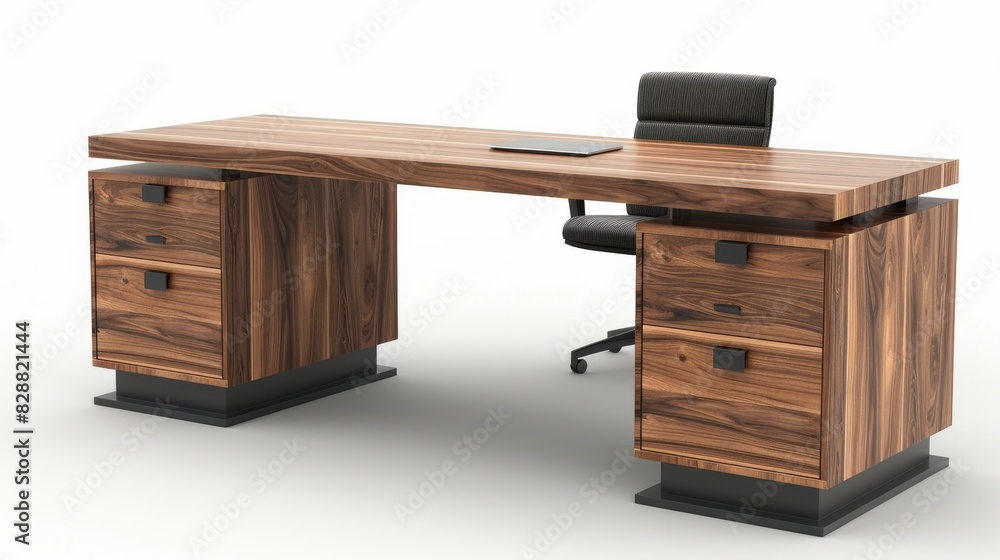 Sleek office desk with integrated drawers, isolated on a white studio background Sleek office desk with integrated drawers, isolated on a white studio background