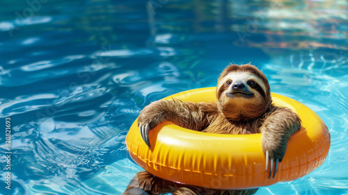 Cute sloth in swimming pool rubber ring in water. Sloth on vacation.