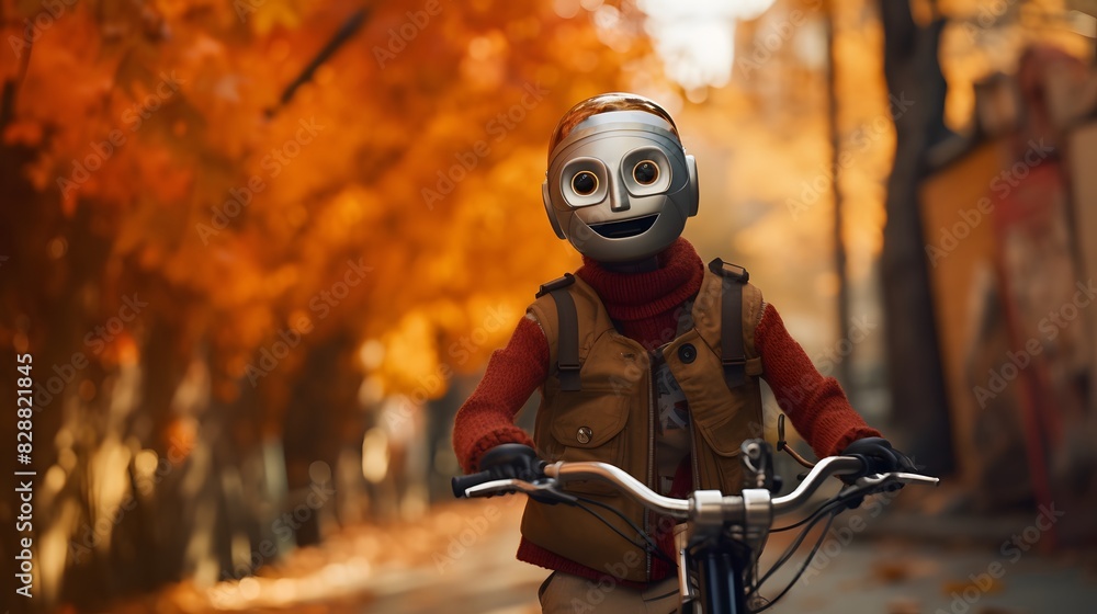 Happy humanoid robot rides a bicycle along the autumn. Generative AI. Happy humanoid robot rides a bicycle along the autumn. Generative AI.