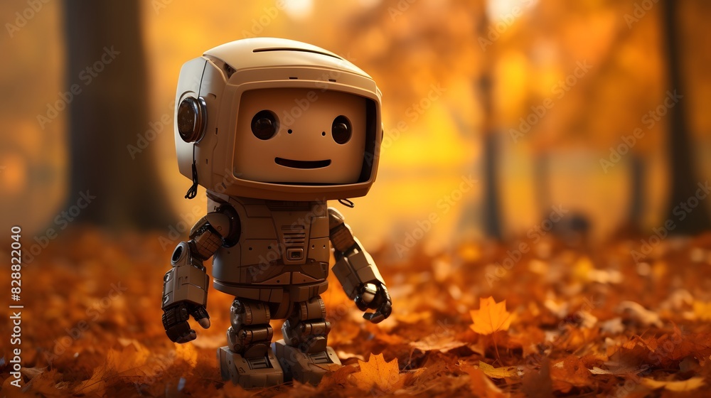 Happy humanoid robot rides a bicycle along the autumn. Generative AI. Happy humanoid robot rides a bicycle along the autumn. Generative AI.