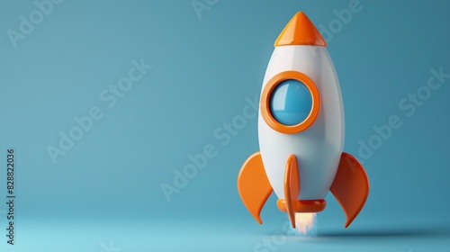 Fototapeta Naklejka Na Ścianę i Meble -  Orange and white toy rocket ship standing upright against a blue background. Futuristic space travel and childhood imagination concept.