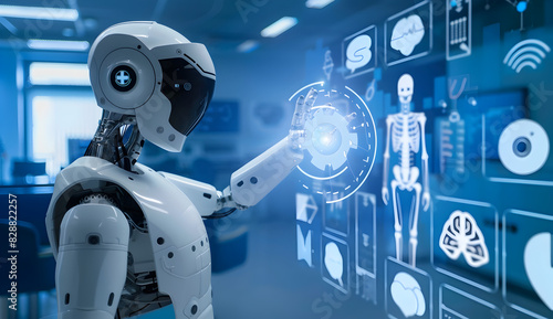 A Robot AI touching gears with business icons on a virtual screen, showing a professional marketing concept of project management and product development for a smart business strategy plan.