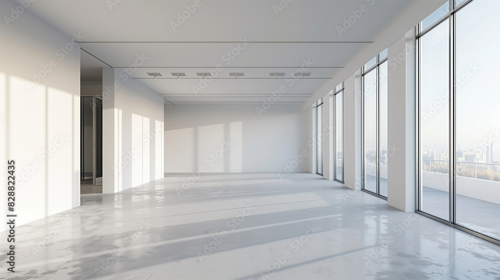 Perspective view of an empty room with large floor-to-ceiling windows and white walls , room interior design, perspective view Perspective view of an empty room with large floor-to-ceiling windows and white walls , room interior design, perspective view