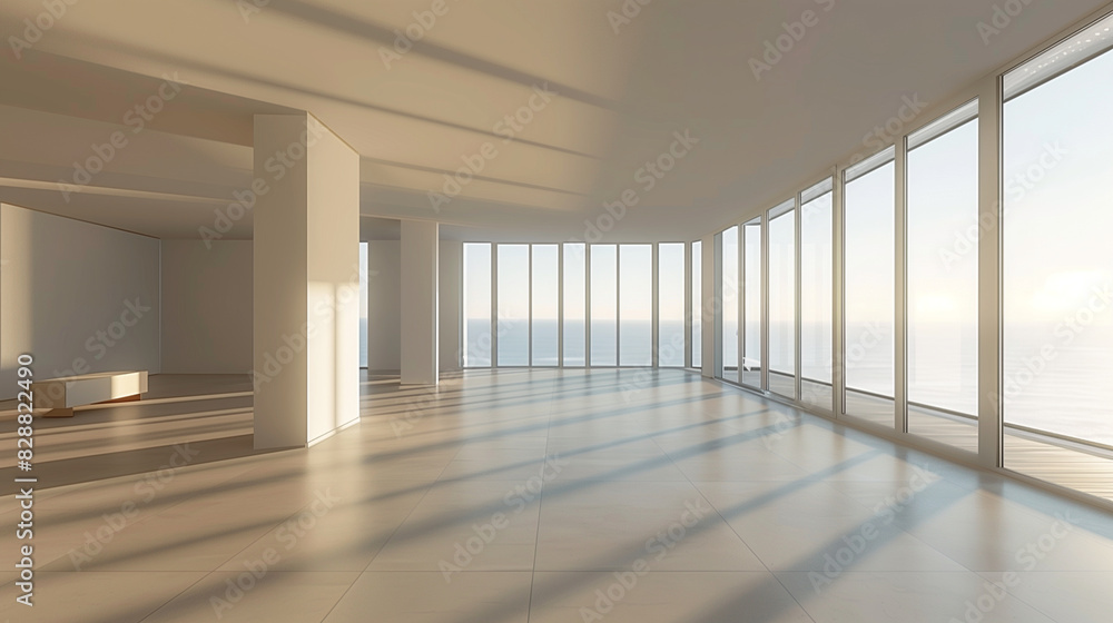 Perspective view of an empty room with large windows and a minimalist design , room interior design, perspective view Perspective view of an empty room with large windows and a minimalist design , room interior design, perspective view