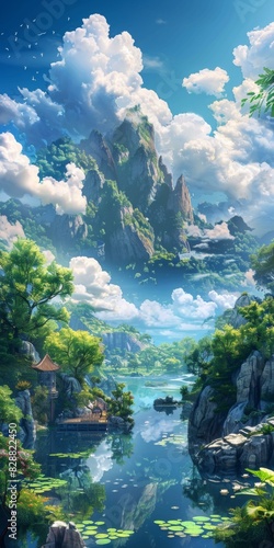 Mesmerizing Chinese Fantasy Landscape  Serene Mountains and Enchanting Pavilion