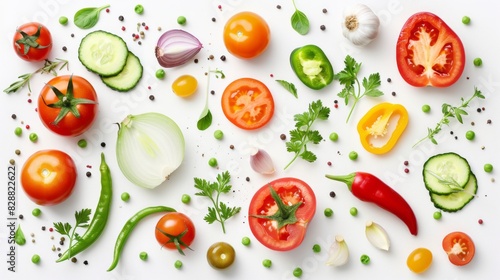 Vibrant summer vegetable medley: fresh tomatoes, onion, cucumber, peas, garlic, cabbage, peppers, and radish arranged artfully on white background - food concept