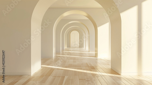 Perspective view of an empty room with a large archway leading to another space , room interior design, perspective view