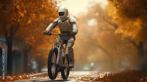 Happy humanoid robot rides a bicycle along the autumn. Generative AI. © Studicon