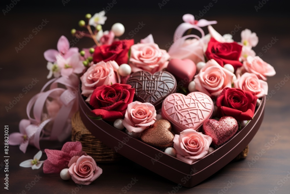 Valentine's day chocolates and roses in a heart shaped box. Valentine's day chocolates and roses in a heart shaped box.