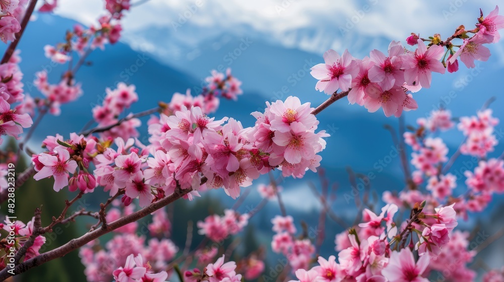 Pink cherry blossoms decorate the mountains abundantly during spring Pink cherry blossoms decorate the mountains abundantly during spring
