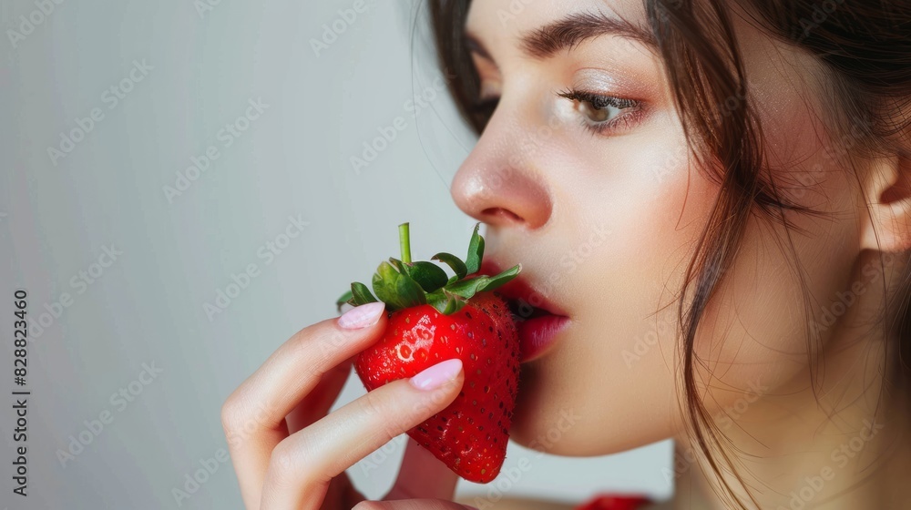 Profile of woman eating strawberry for skincare with natural beauty, healthy nutrition, and vitamin c benefits for glowing and shining skin Profile of woman eating strawberry for skincare with natural beauty, healthy nutrition, and vitamin c benefits for glowing and shining skin