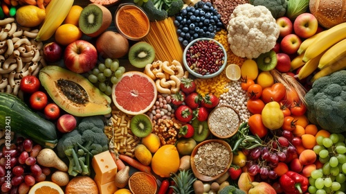 Top view of various nutritious foods creating a vibrant background - healthy eating concept with balanced diet items