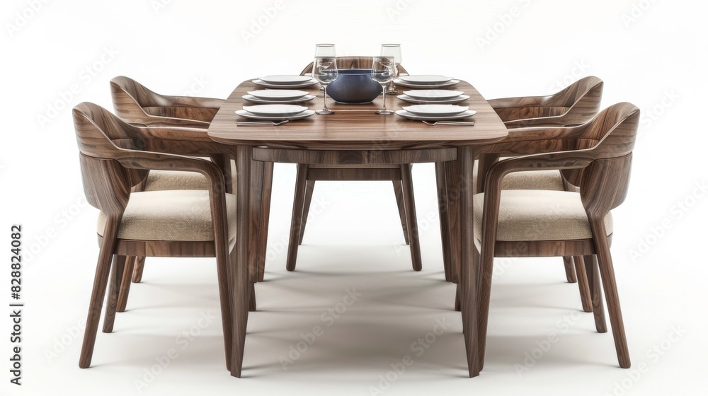 Stylish dining set with a rectangular table and six chairs, isolated on a white studio background Stylish dining set with a rectangular table and six chairs, isolated on a white studio background