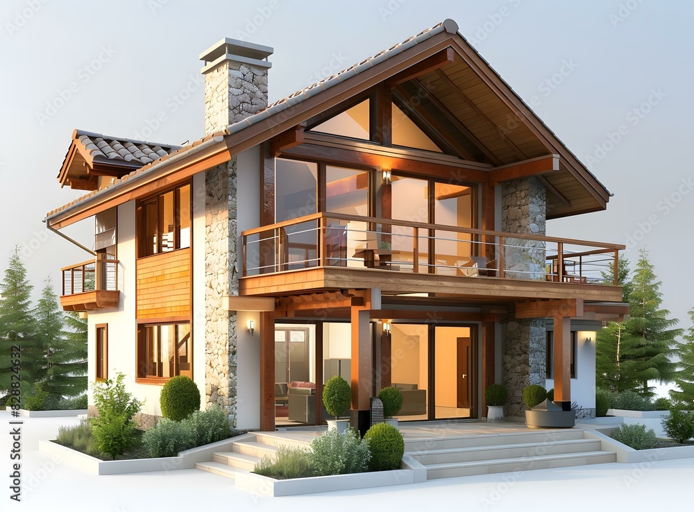 Modern Wooden House with Stone Facade and Large Windows Modern Wooden House with Stone Facade and Large Windows