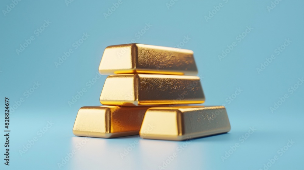 Stack of shiny gold bars against a light blue background, symbolizing wealth, investment, and financial security.