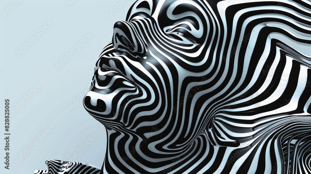 Stylized, three-dimensional representation of a human head and neck, with a pattern that strongly resembles zebra stripes Stylized, three-dimensional representation of a human head and neck, with a pattern that strongly resembles zebra stripes