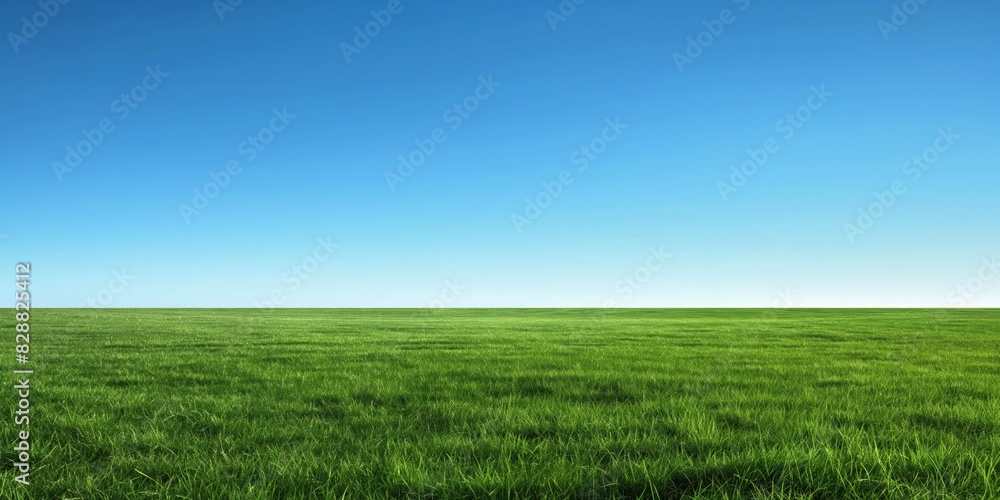 A vast, empty field of vibrant green grass stretches to the horizon under a clear blue sky with plenty of copy space A vast, empty field of vibrant green grass stretches to the horizon under a clear blue sky with plenty of copy space