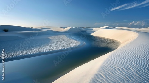 Lencois Maranhenses National Park. A dazzling landscape of dunes and rain lakes. Natural rainwater pool in white sand desert. Nature and travel concept.