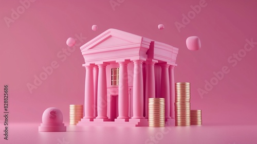 Surreal pink financial institution with classical architecture and stacks of gold coins, representing wealth, banking, and financial stability. photo