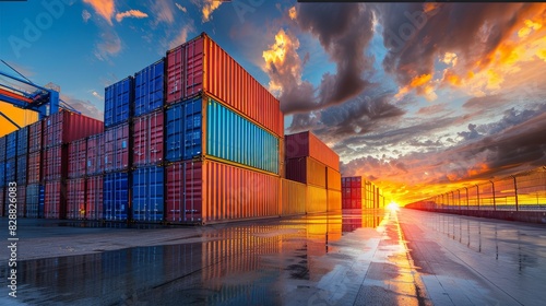 Stacked overseas shipping containers for efficient logistics and supply chain management photo
