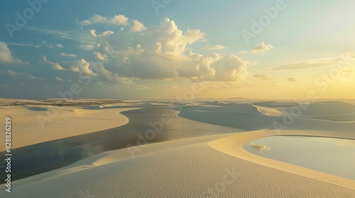 Lencois Maranhenses National Park. A dazzling landscape of dunes and rain lakes. Natural rainwater pool in white sand desert. Nature and travel concept.