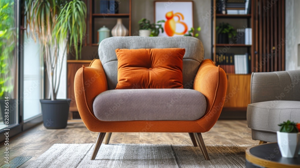 Fototapeta premium Stylish upholstered armchair with wooden legs in a cozy living room