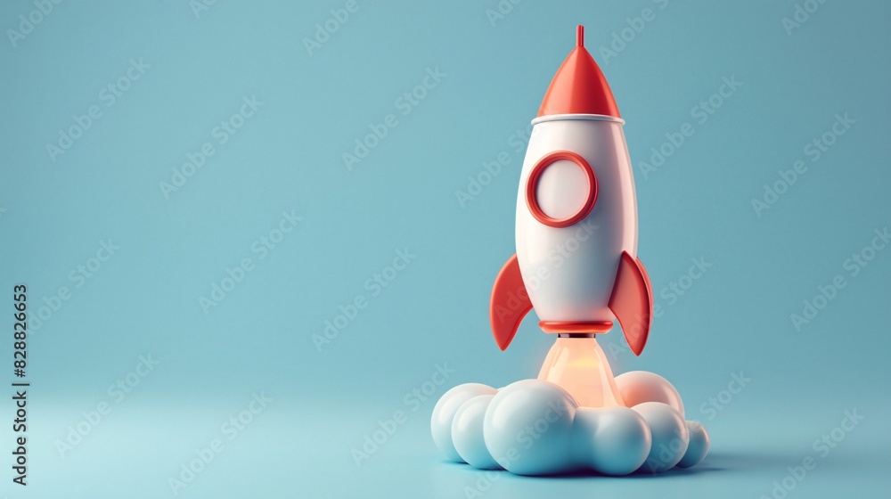 Toy rocket launching into the sky with clouds under it on a blue background. Concept of creativity, aspiration, and childhood dreams. Toy rocket launching into the sky with clouds under it on a blue background. Concept of creativity, aspiration, and childhood dreams.