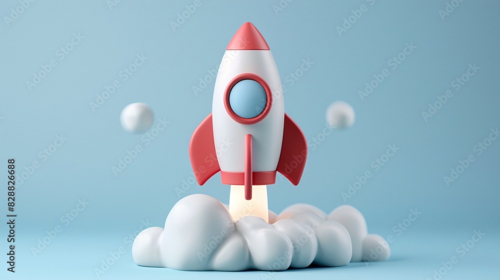 Toy rocket launching into the sky with fluffy clouds and pastel colors, symbolizing creativity, imagination, or startups. Toy rocket launching into the sky with fluffy clouds and pastel colors, symbolizing creativity, imagination, or startups.