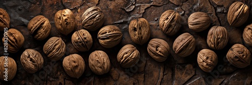 A panorama image showcasing a row of whole walnuts on a textured, rustic metal backdrop, highlighting texture and natural patterns photo