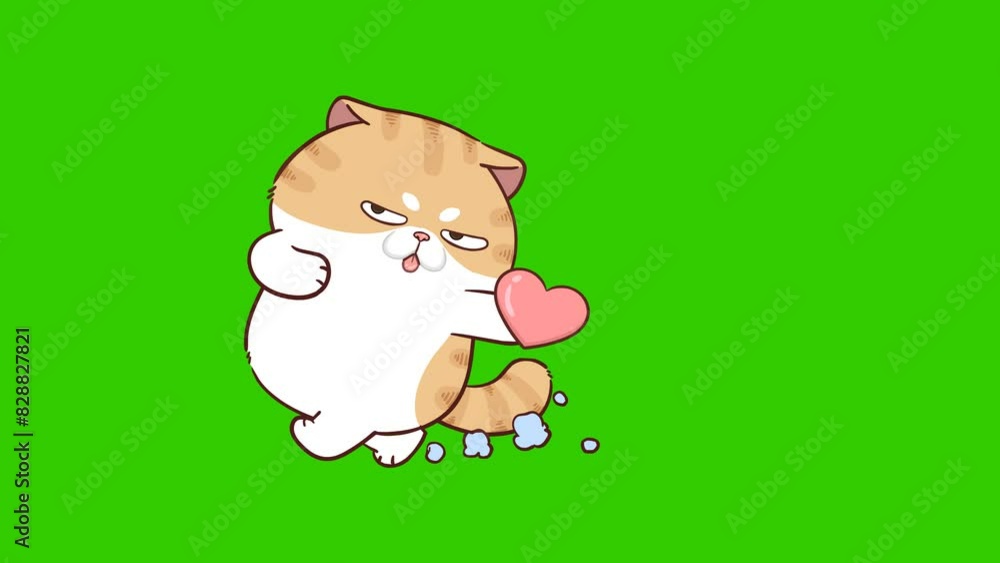Animated Funny Cat Walking with Heart - Green Screen Animated Funny Cat Walking with Heart - Green Screen