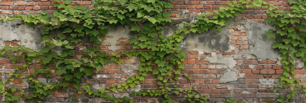 Wide shot of green ivy leaves sprawled across an aged, weathered brick wall with signs of decay and oldness Wide shot of green ivy leaves sprawled across an aged, weathered brick wall with signs of decay and oldness
