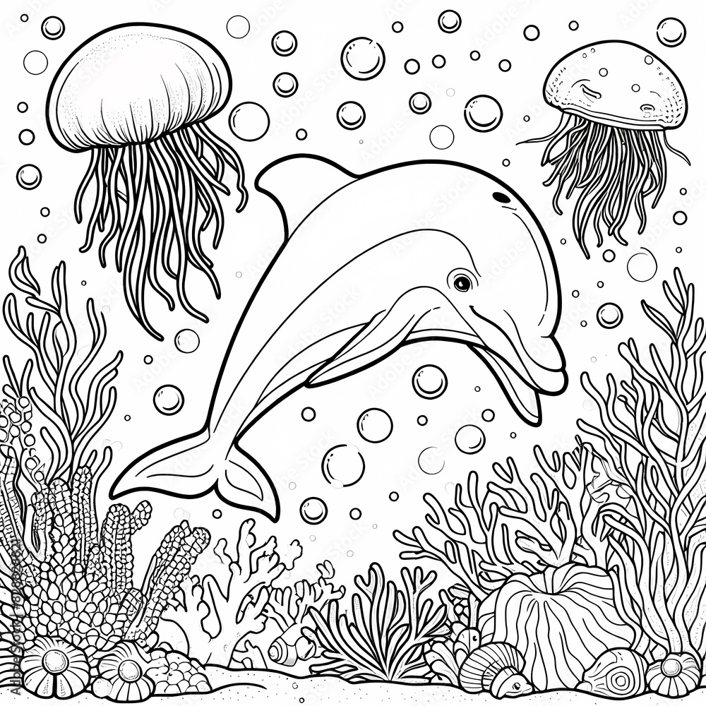 Dolphin and Jellyfish in Underwater Scene - Kids' Coloring Book Page ...