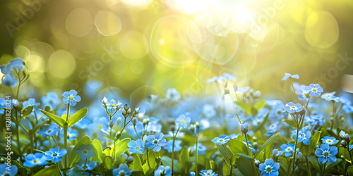 Forget me not blue flowers over blurred natural green
