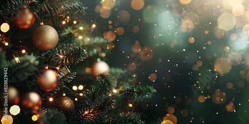 Fir branch with golden balls and festive lights on the dark background with sparkles.
