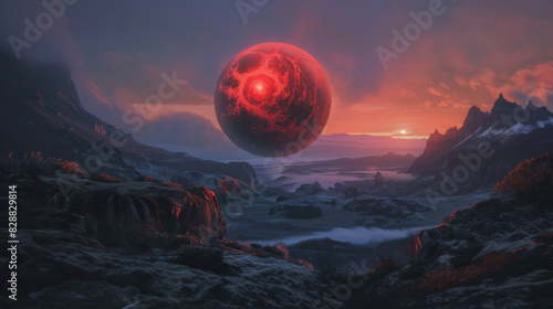 Fototapeta Naklejka Na Ścianę i Meble -  A red planet with a glowing eye is floating in the sky above a rocky landscape