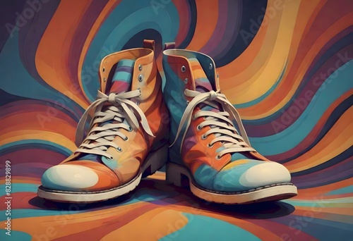 Pair of high top sneakers with a vibrant, colorful splash design in the background with a galaxy themed pattern with shades of blue, purple, and orange, Generative AI. photo