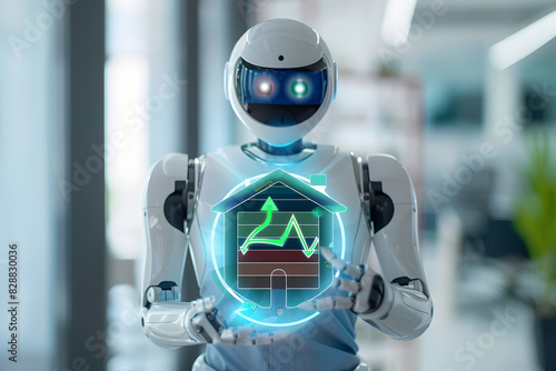A Robot AI holding energy performance icon with house, arrows and color bars for electricity data, green arrow pointing up to symbolize high clean Scottish power.