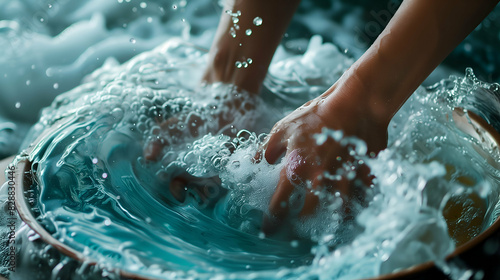 Close-up of hands vigorously washing clothes in a basin filled with soapy water, creating a swirl of bubbles.