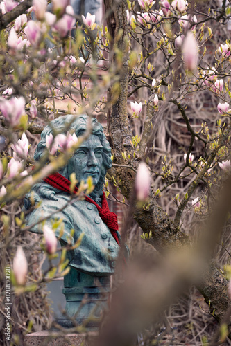 Sculpture depicting a historic person with a red scarf placed around magnolia flowers in Lund Sweden photo