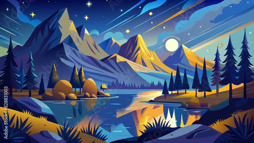 The serene night landscape depicts majestic mountains under a starry sky with a bright full moon. A calm body of water reflects the picturesque view, surrounded by evergreen trees and foliage.AI gener photo