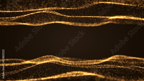 Septenary yellow golden waves on a black background. Smooth movement of liquid smooth copper form. Water texture surface made of glowing orange particles. Futuristic soft digital data flow. Graphic br photo