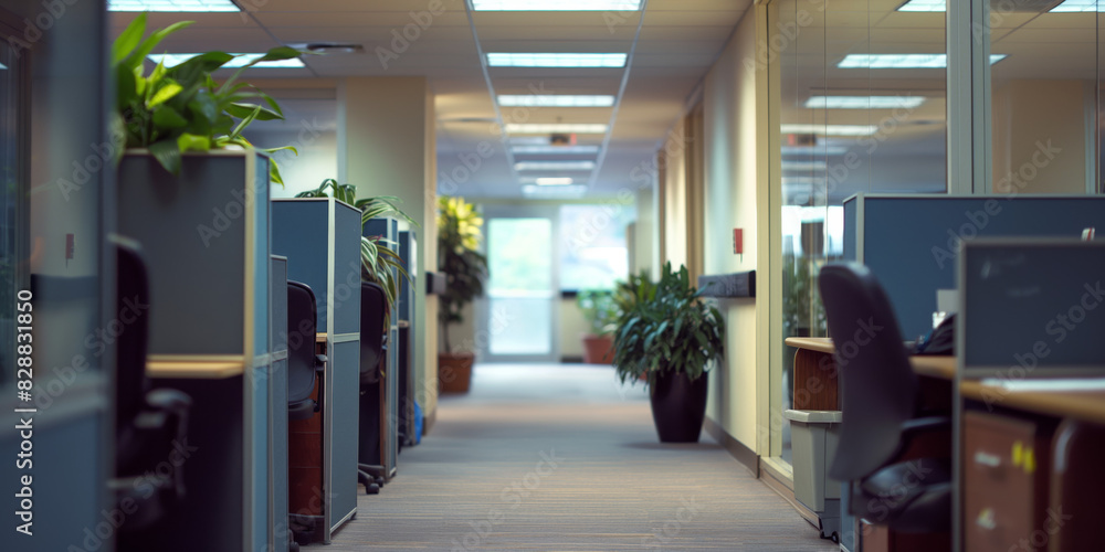 This image shows a well-lit modern office hallway with neatly arranged cubicles on either side and several potted plants adding a touch of greenery to the workspace. This image shows a well-lit modern office hallway with neatly arranged cubicles on either side and several potted plants adding a touch of greenery to the workspace.