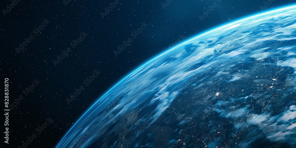 Obraz premium A high-resolution image showing Earth from space, with a visible atmospheric glow and city lights