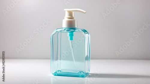 clear plastic bottle of hand soap with a white pump top.  